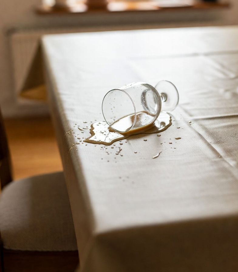 Водовідштовхувальна скатертина на обідньому столі &mdash; крапля рідини скочується з поверхні | Welwet.net