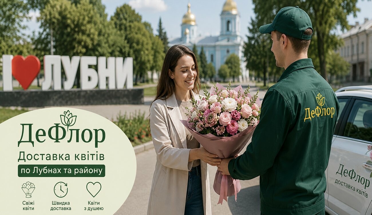 Кур’єрська доставка букетів у Лубнах Кур’єр ДеФлор вручає букет квітів дівчині у Лубнах